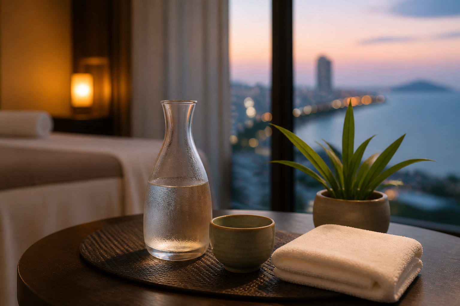 Water, tea and a folded towel arranged for a quiet post-massage pause in a Da Nang hotel room