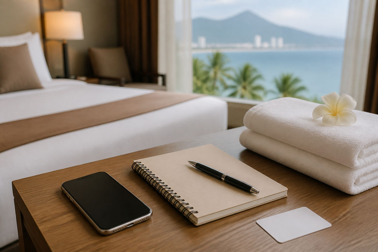 A smartphone, notebook, pen and towels arranged for confirming a professional Da Nang massage booking