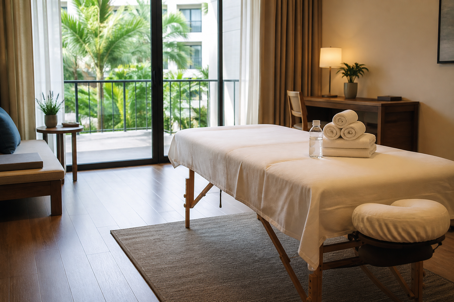 A tidy Da Nang hotel room with portable massage table, towels and a clear walkway for a mobile appointment