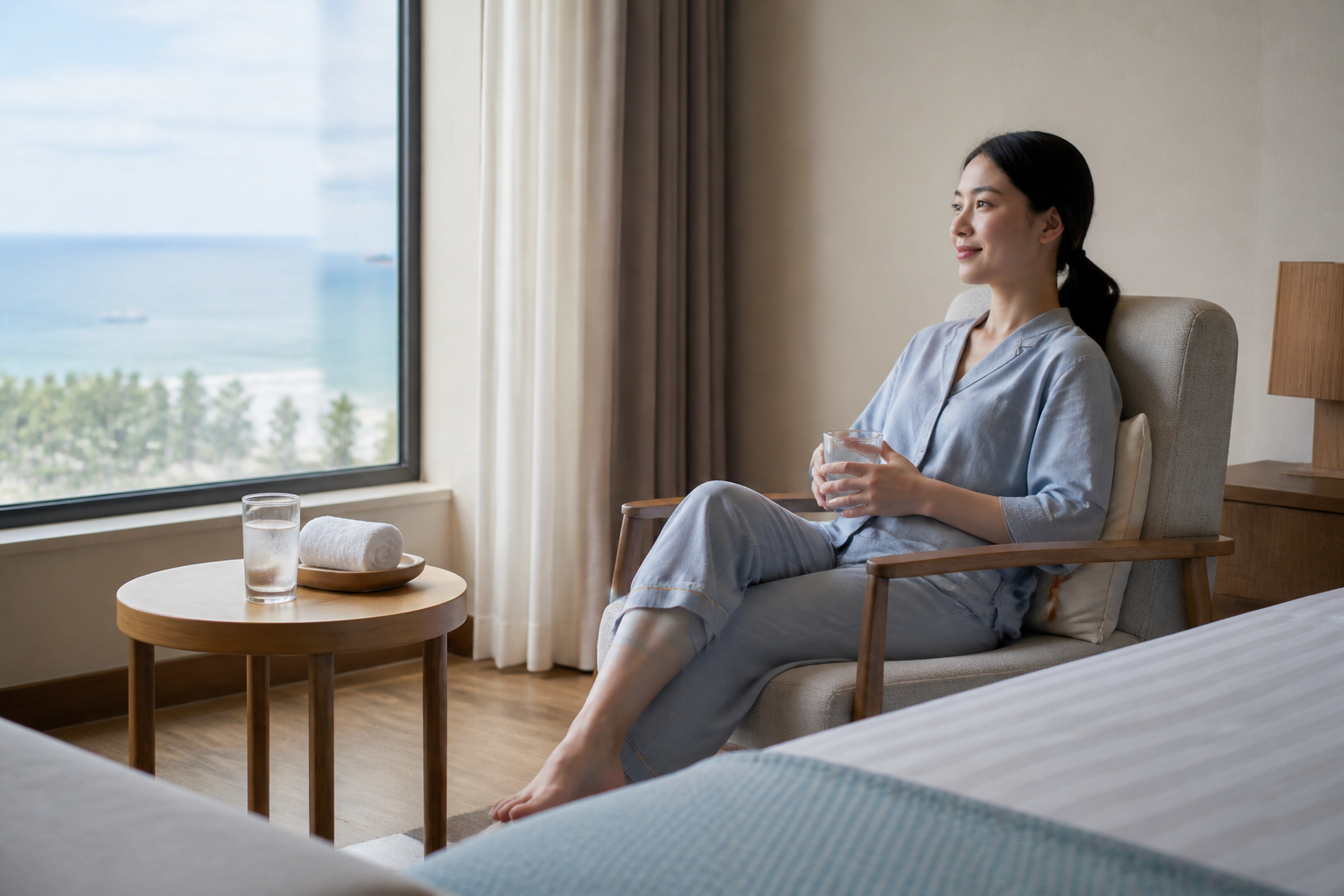 A relaxed guest taking a quiet post-session pause with water in a Da Nang room