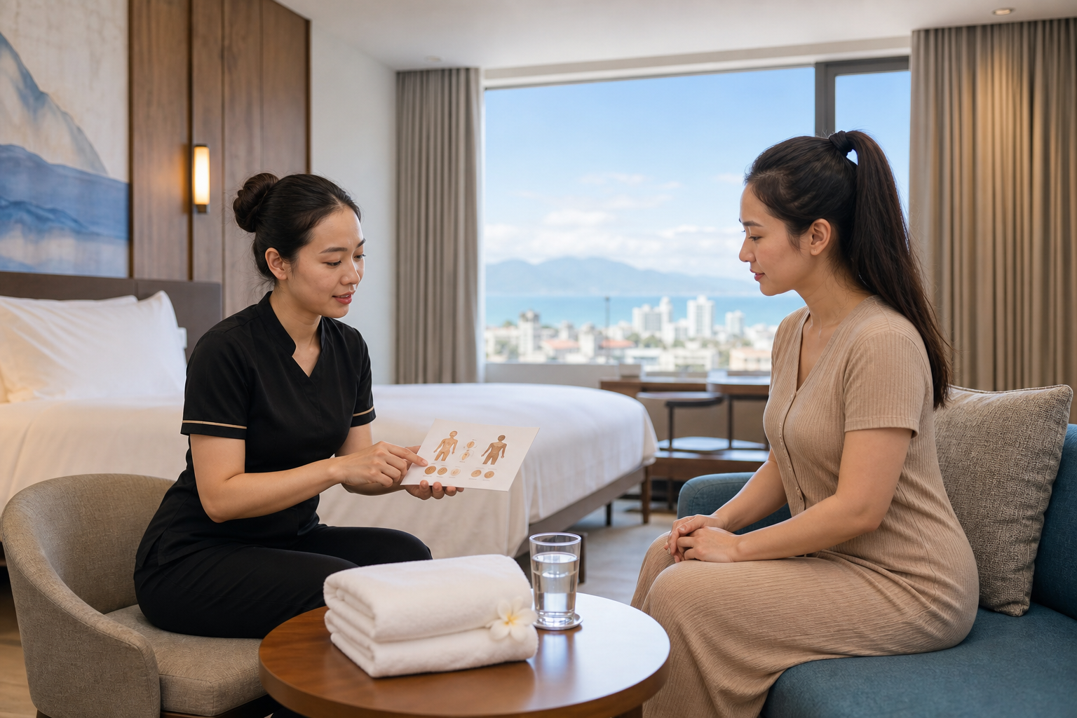 A therapist and guest discussing pressure and focus preferences before a massage in Da Nang