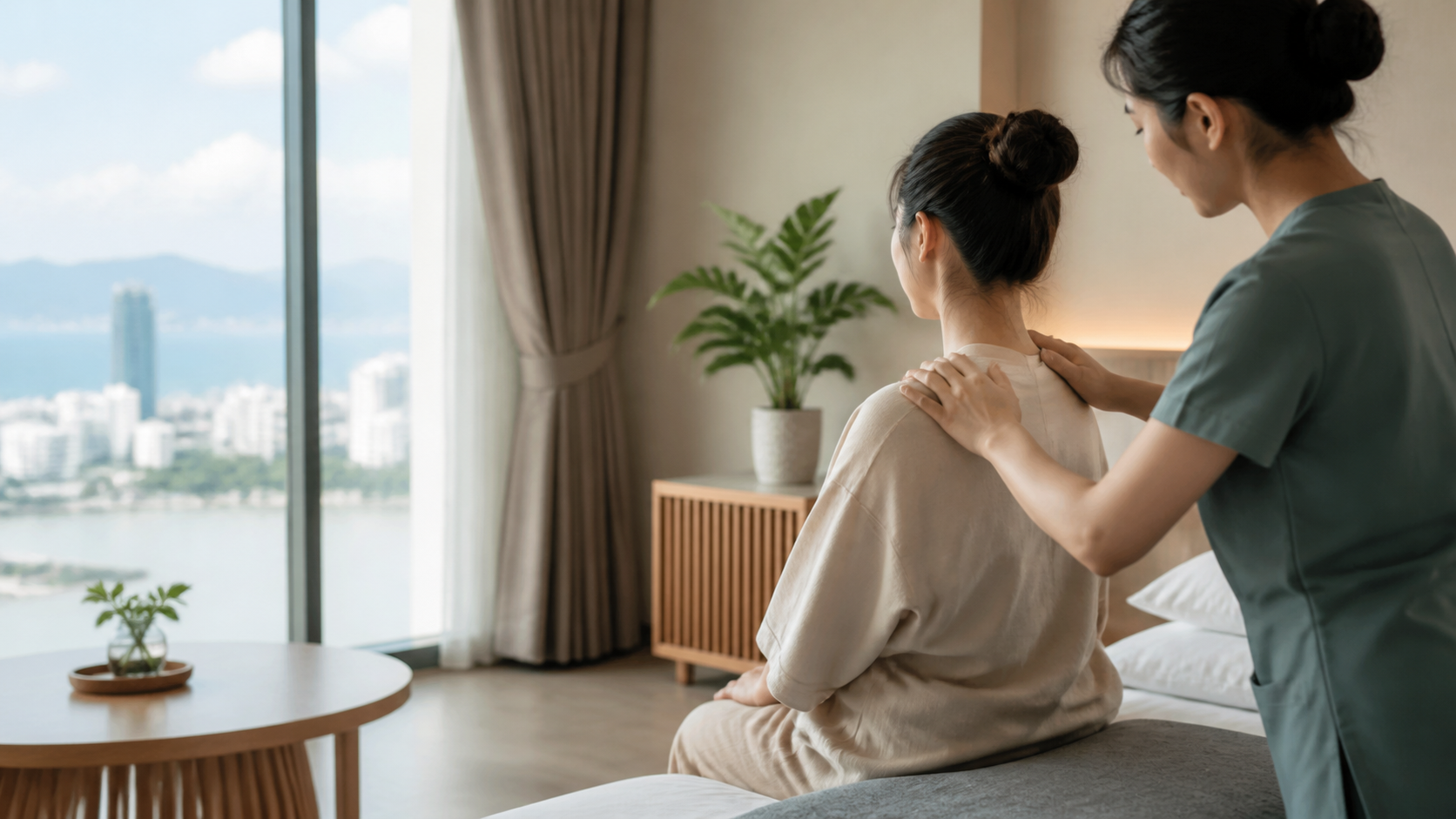 Professional massage consultation in a Da Nang hotel room before choosing a service