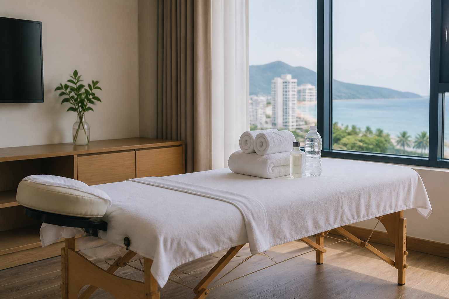 A clean mobile massage setup with folded linens in a bright Da Nang accommodation
