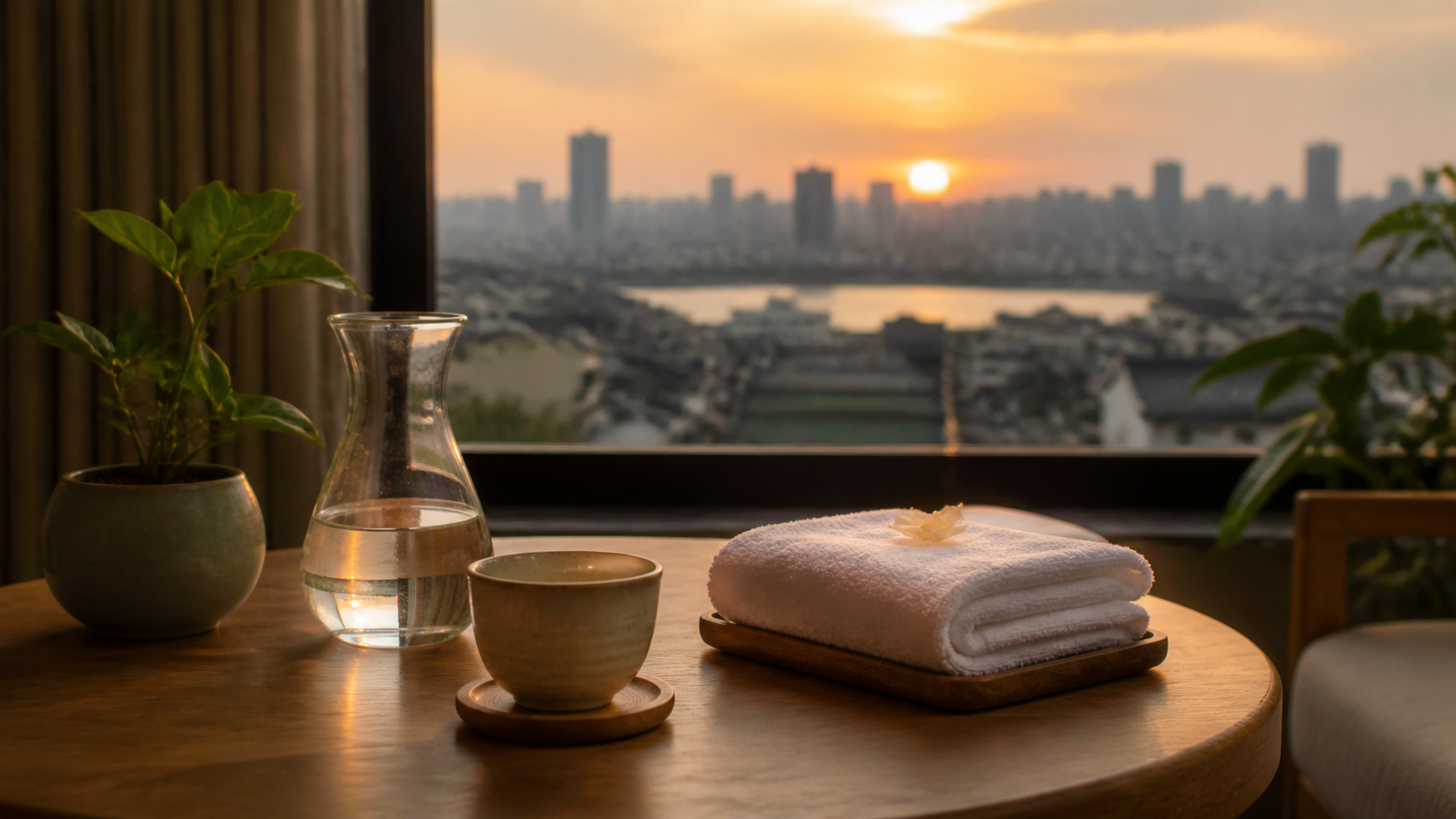 Water, tea and a folded towel beside a Hanoi skyline at sunset