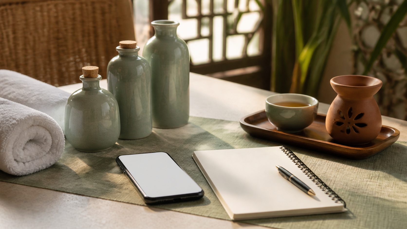 A phone, notebook, unlabelled bottles and tea for comparing Hanoi massage choices