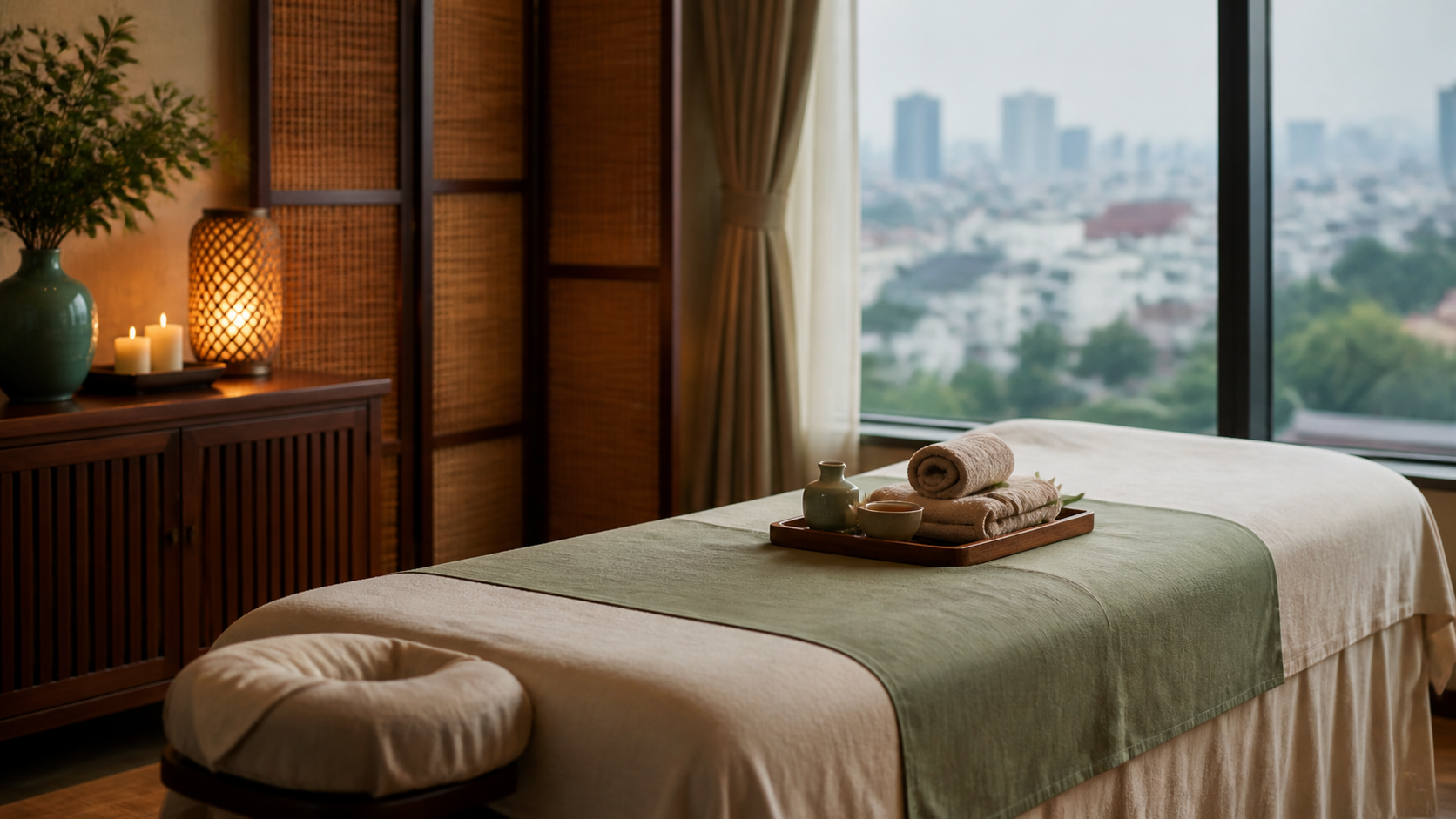 An elegant Hanoi wellness room with warm wood, jade linens, tea and folded towels