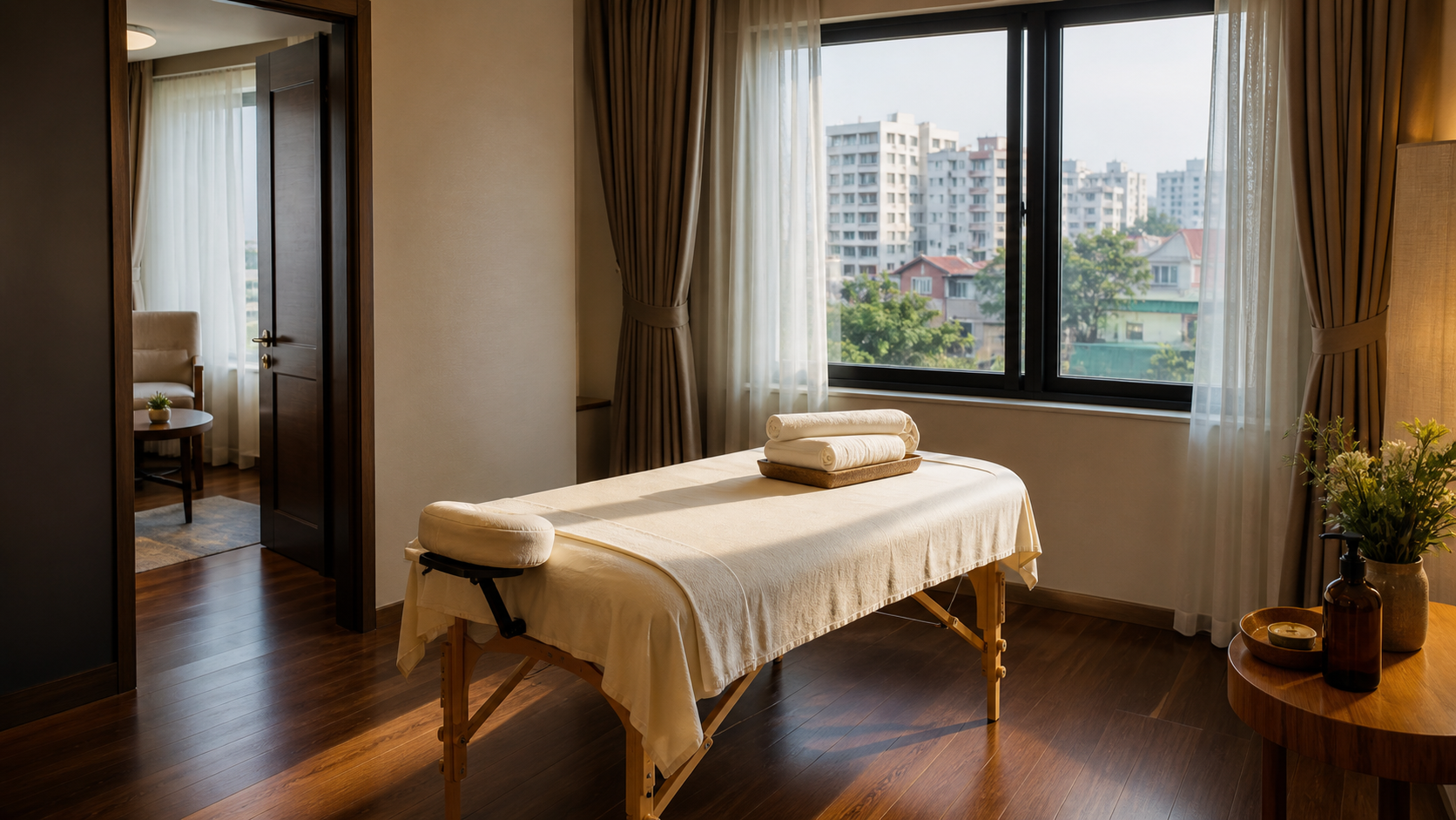 A clean Hanoi hotel room with a portable massage table, towels and an open walkway