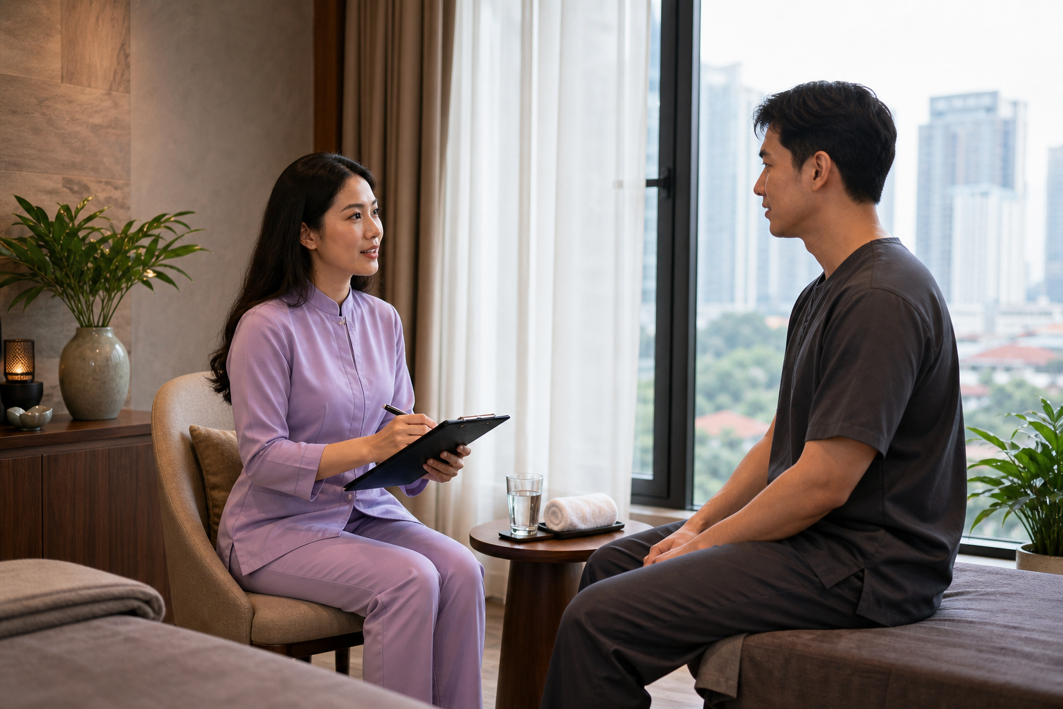 Aftercare conversation following a professional upper-back massage in a clean HCMC room