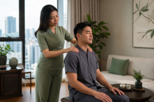 Asian female therapist with loose hair and a modest sage spa uniform giving a professional shoulder and upper-back massage to a fully clothed male guest in a calm Ho Chi Minh City apartment