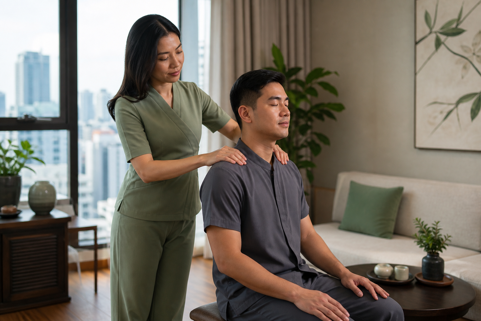 Best massage Ho Chi Minh City featured: a professional upper-back session in a calm HCMC apartment