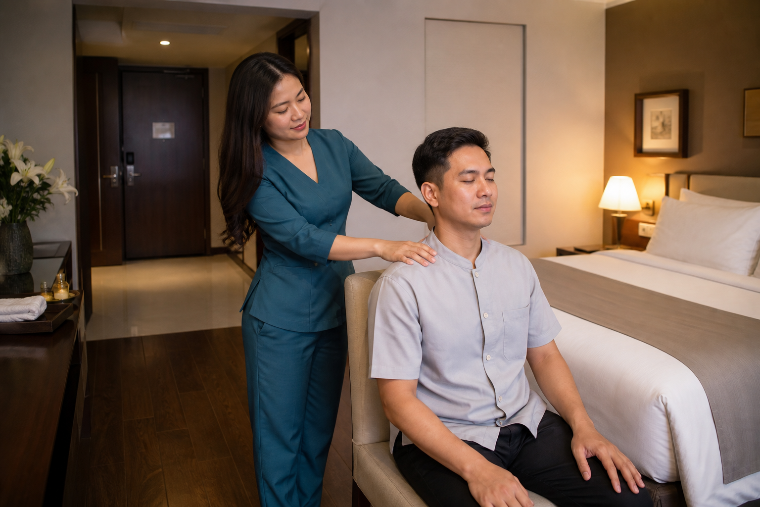 Hotel-room massage setup in Ho Chi Minh City with a clear walkway and professional preparation