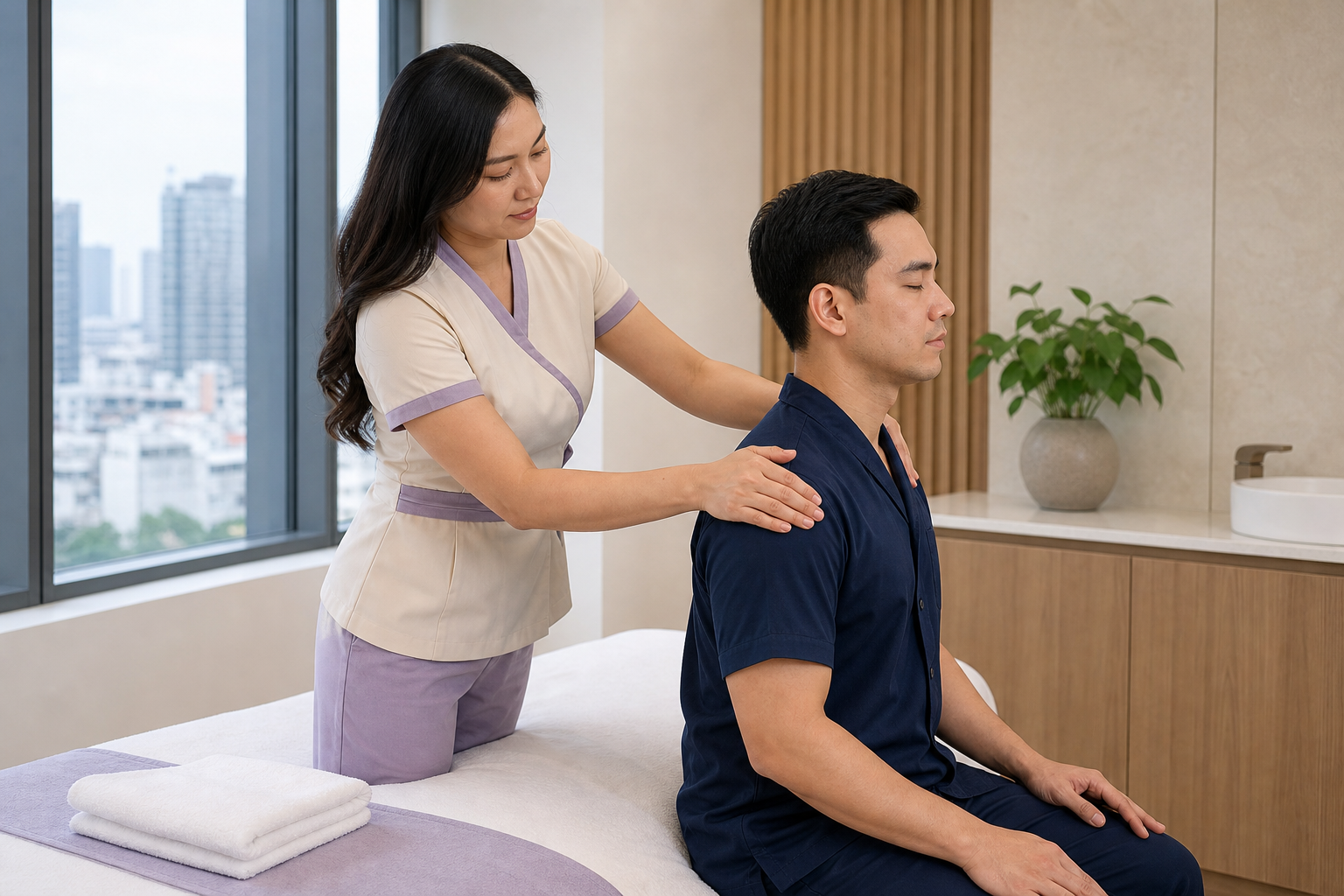Professional massage technique in an HCMC treatment room with a seated guest