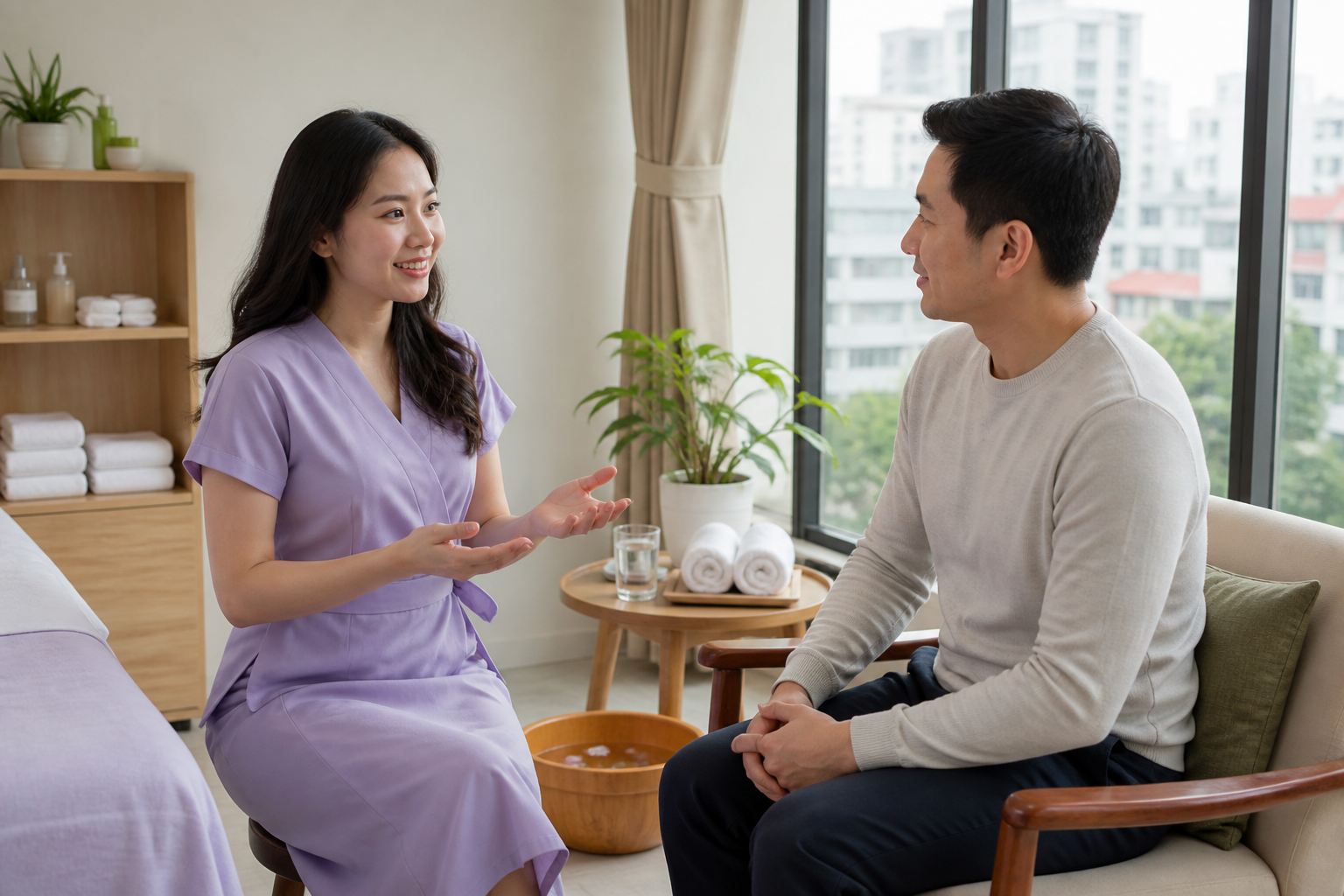 Asian female therapist with long loose hair in a modest lavender spa dress discussing aftercare with a fully clothed male guest after a back massage in a bright District 1 room