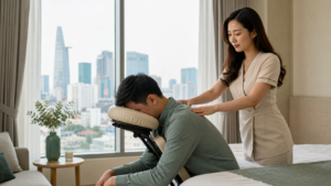 Asian female therapist with long loose hair in a modest spa dress giving a respectful back massage to a fully clothed male guest in an upscale District 1 apartment
