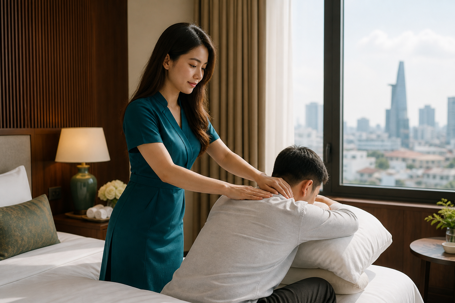 Asian female therapist with long loose hair in a modest teal spa dress giving a respectful back massage to a fully clothed male guest in a polished District 1 hotel room