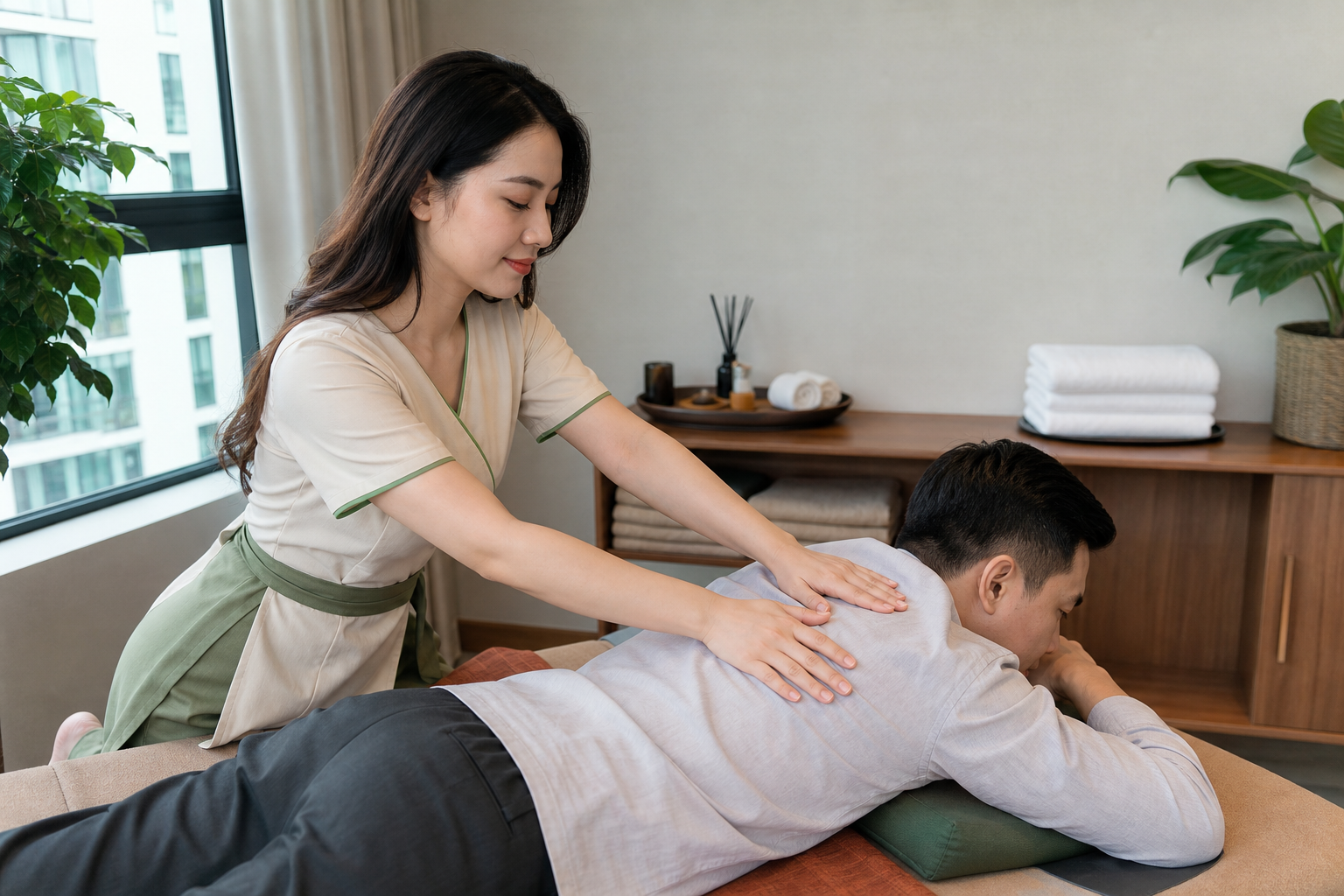 Asian female therapist with long loose hair in a modest cream spa dress demonstrating careful upper-back pressure to a fully clothed male guest in a tidy District 1 wellness room