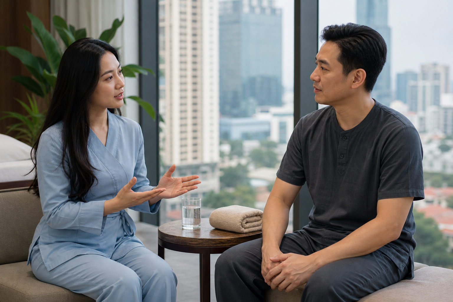 Professional aftercare conversation with water following a Saigon upper-back massage