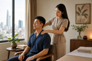Asian female therapist with loose hair and a modest rose-beige spa uniform giving a professional shoulder and upper-back massage to a fully clothed male guest in a bright Ho Chi Minh City apartment
