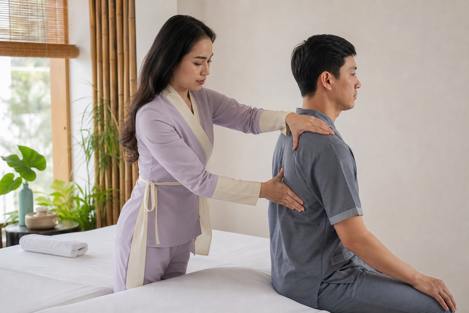Professional shoulder and upper-back massage technique in a clean Saigon treatment room