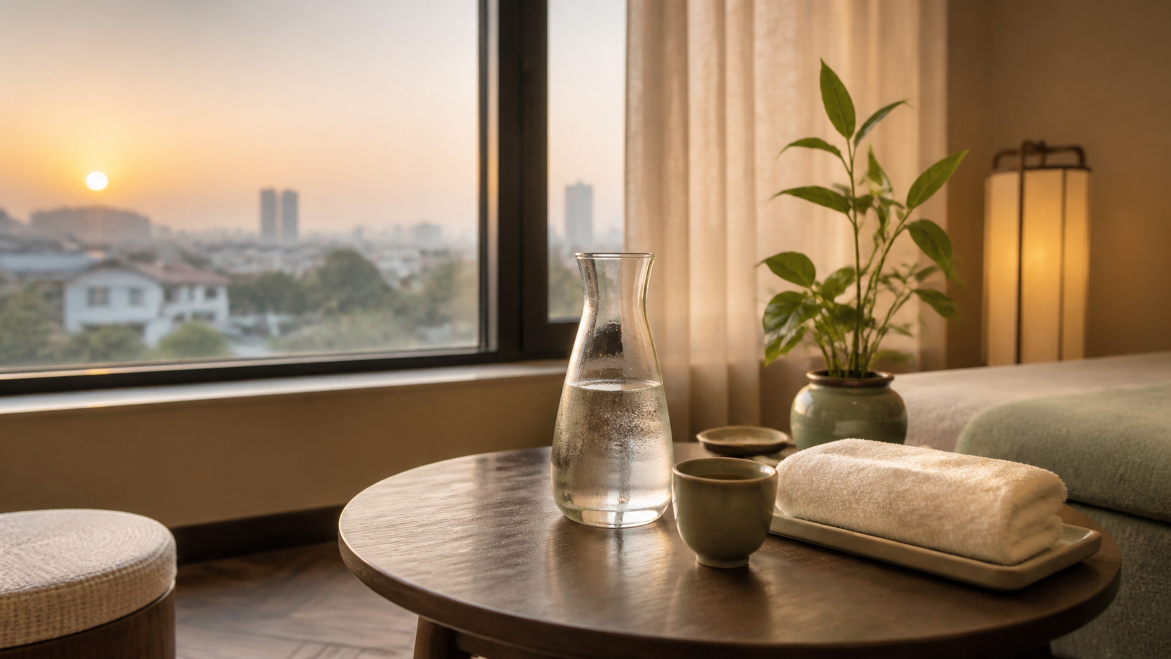 A glass carafe, tea and folded towel arranged for quiet aftercare in Hanoi