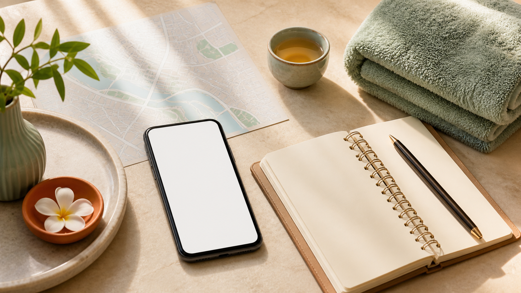 A smartphone, blank notebook and map beside towels for comparing spa options