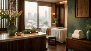 A calm Hanoi-inspired spa reception and treatment room with towels and tea
