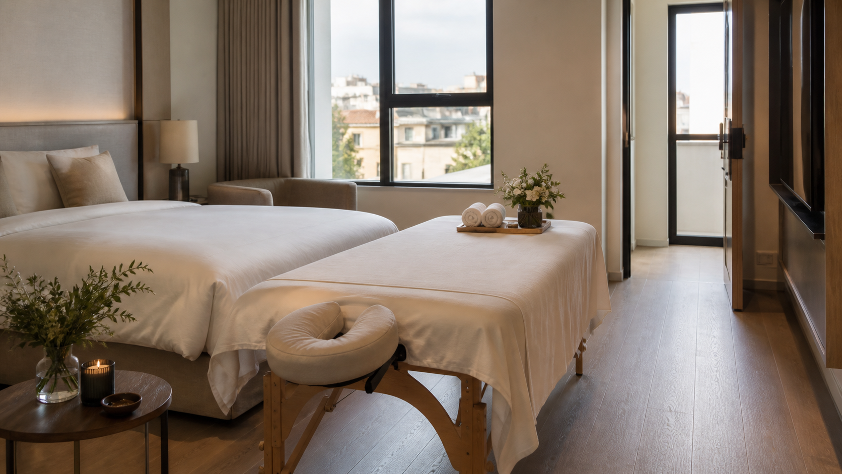A tidy Hanoi hotel room with a portable massage table, towels and a clear walkway