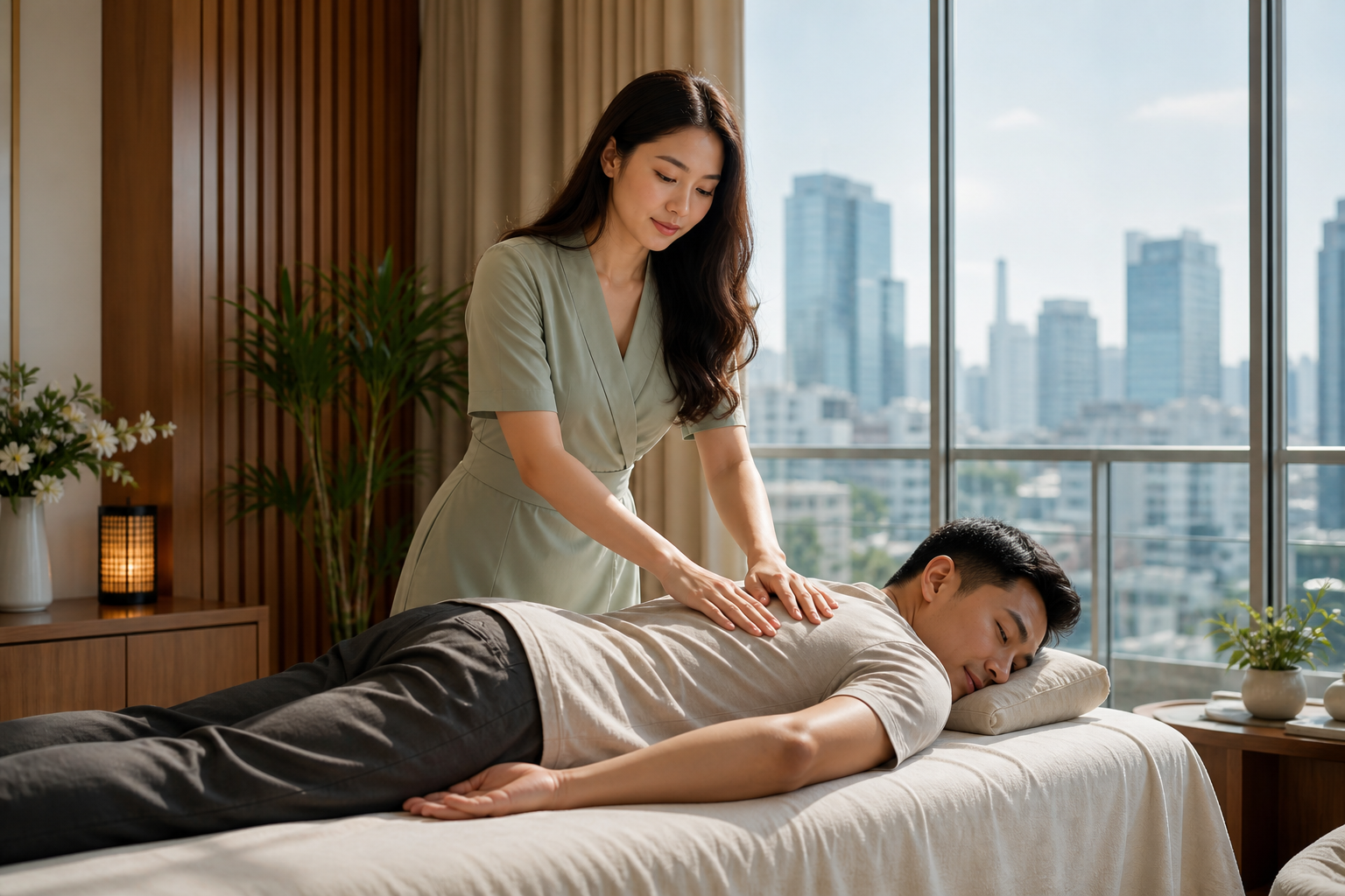 Adult Asian female therapist with long loose hair in a modest sage spa dress giving a professional back massage to a fully clothed male guest in a bright Saigon apartment