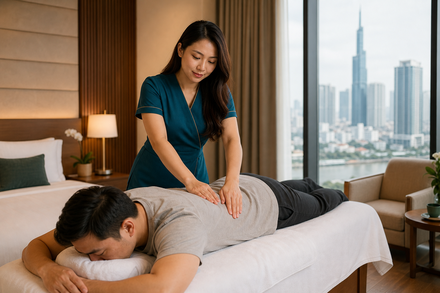 Adult Asian female therapist with long loose hair in a modest teal spa dress giving a respectful back massage to a fully clothed male guest in a polished Saigon hotel room