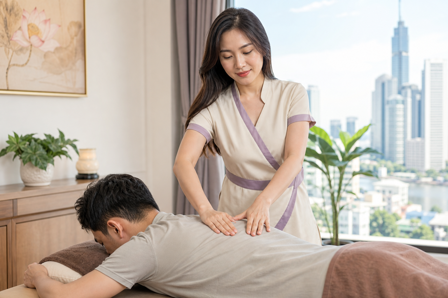 Adult Asian female therapist with long loose hair in a modest cream-and-lavender spa dress demonstrating careful upper-back technique on a fully clothed male guest in a tidy Saigon wellness room
