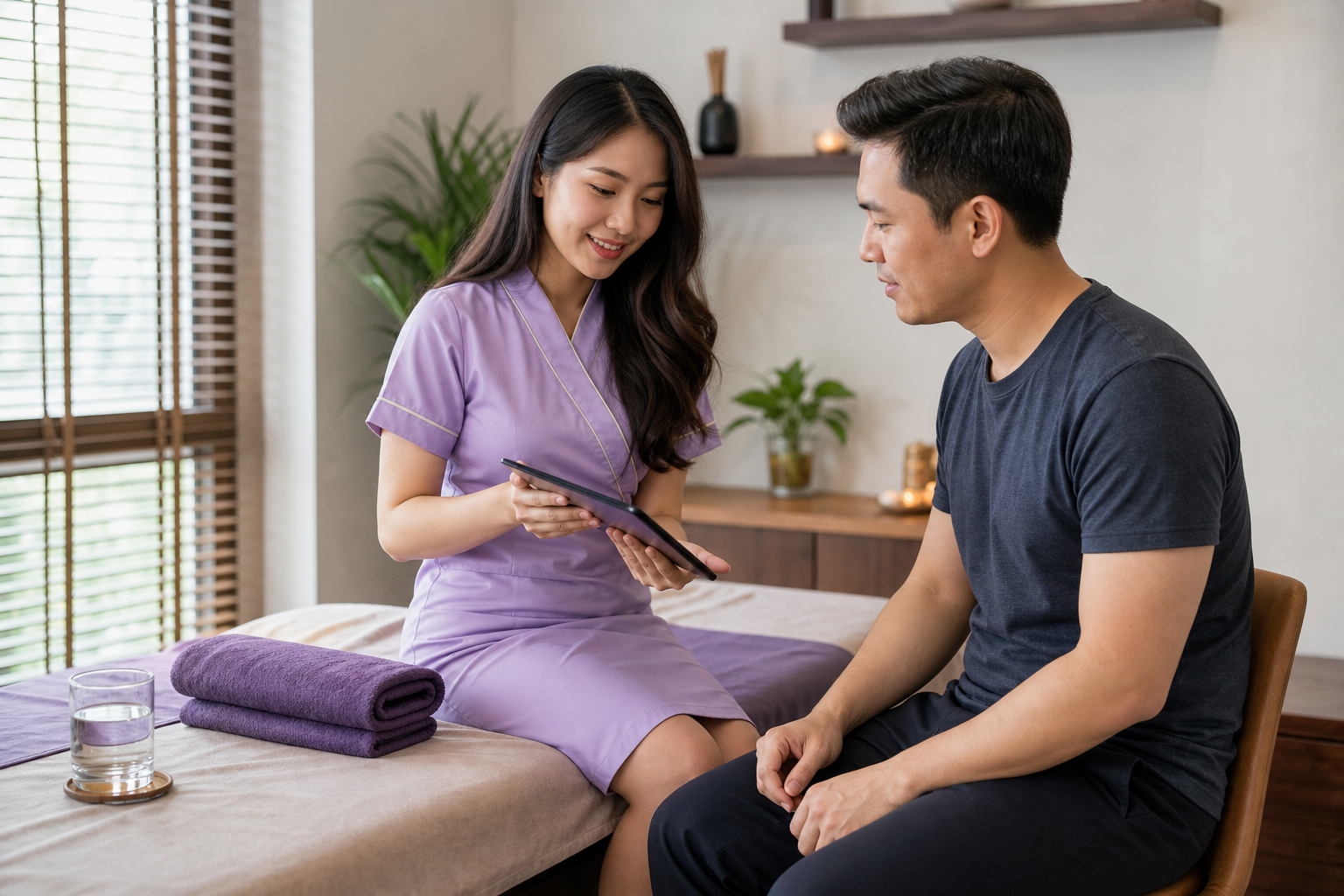 Adult Asian female therapist with long loose hair in a modest lavender spa dress discussing aftercare with a fully clothed male guest after a back massage in a bright HCMC room