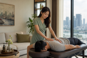 Asian female therapist with long loose hair in a modest sage spa dress giving a respectful back massage to a fully clothed male guest in a bright Ho Chi Minh City apartment