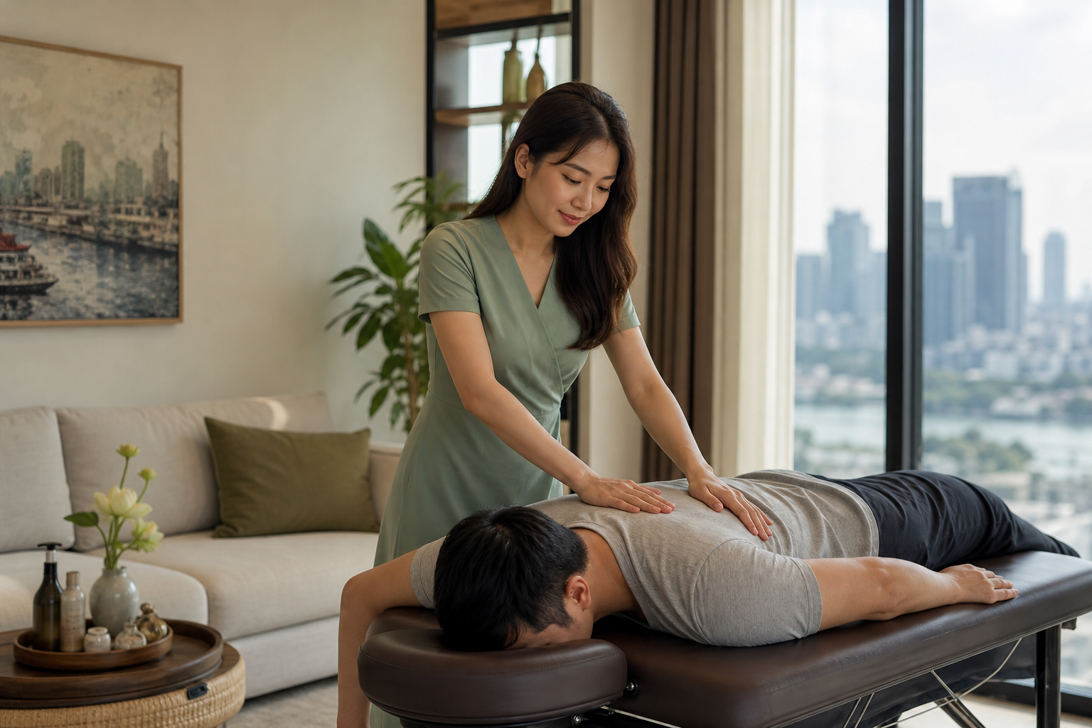 Adult Asian female therapist with long loose hair in a modest sage spa dress giving a professional back massage to a fully clothed male guest in a bright Ho Chi Minh City apartment