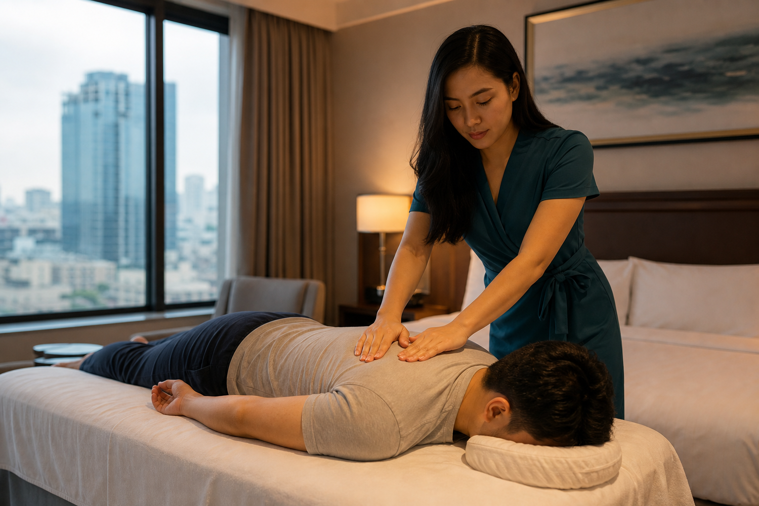 Adult Asian female therapist with long loose hair in a modest teal spa dress giving a respectful back massage to a fully clothed male guest in a polished Ho Chi Minh City hotel room