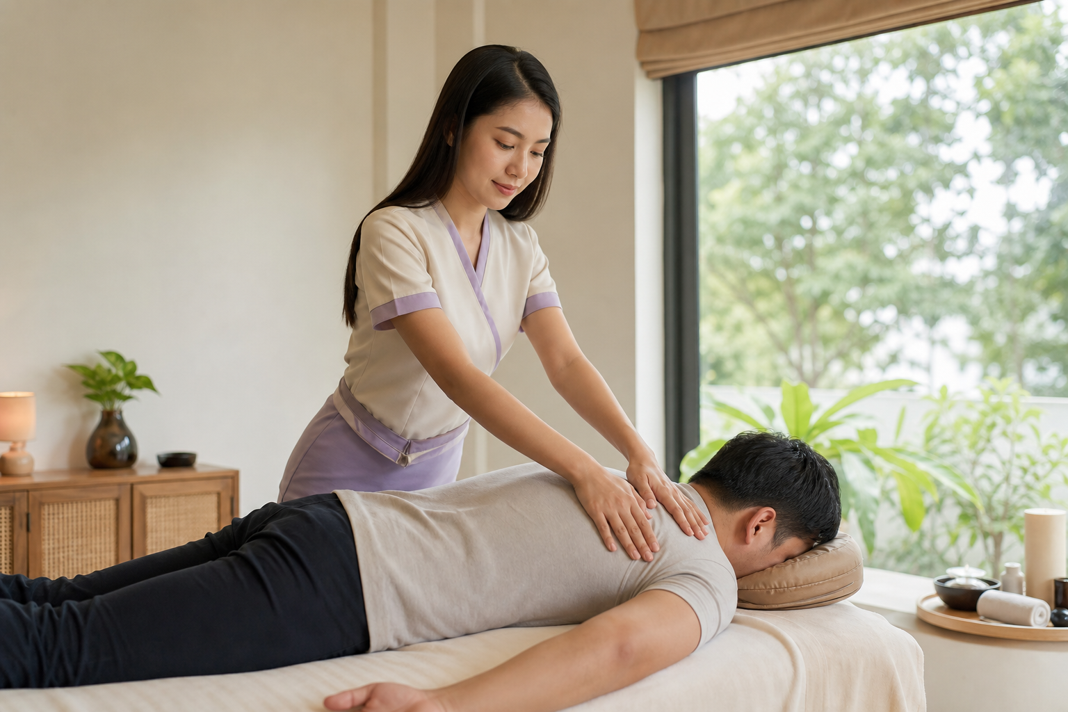 Adult Asian female therapist with long loose hair in a modest cream-and-lavender spa dress demonstrating careful upper-back technique on a fully clothed male guest in a tidy HCMC wellness room