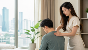 Asian female therapist with long loose hair in a modest spa dress giving a respectful back massage to a fully clothed male guest in a bright Ho Chi Minh City apartment