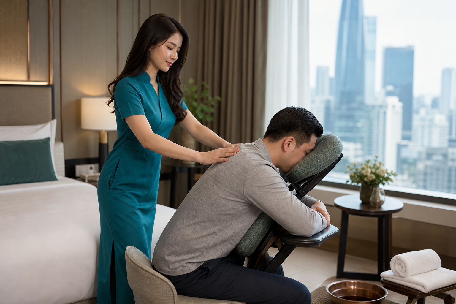 Asian female therapist with long loose hair in a modest teal spa dress giving a respectful back massage to a fully clothed male hotel guest in a neat Ho Chi Minh City room