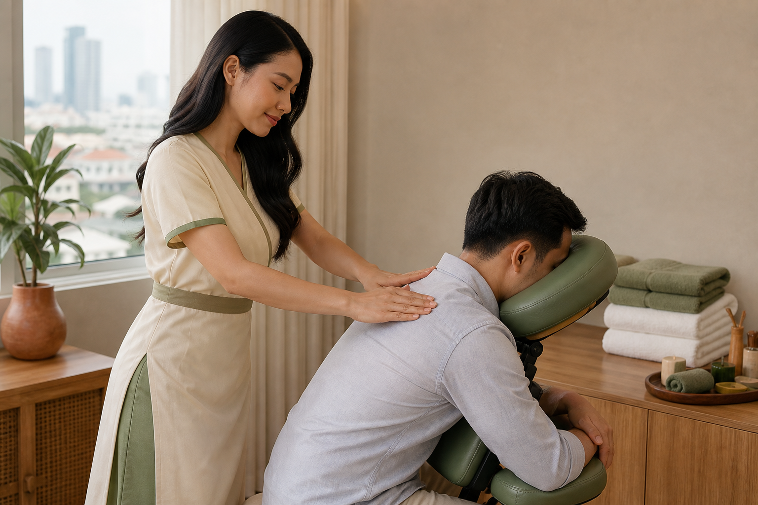 Asian female therapist with long loose hair in a modest cream spa dress providing careful upper-back pressure to a fully clothed male guest in a tidy HCMC wellness room