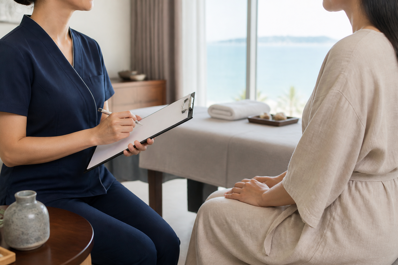 A therapist and guest discussing foot massage preferences before a session