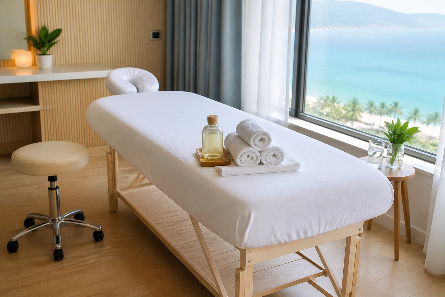 A clean mobile foot massage setup prepared in a Da Nang hotel room
