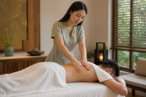 Asian female therapist in a professional spa dress giving a back massage to a covered male client in Hanoi