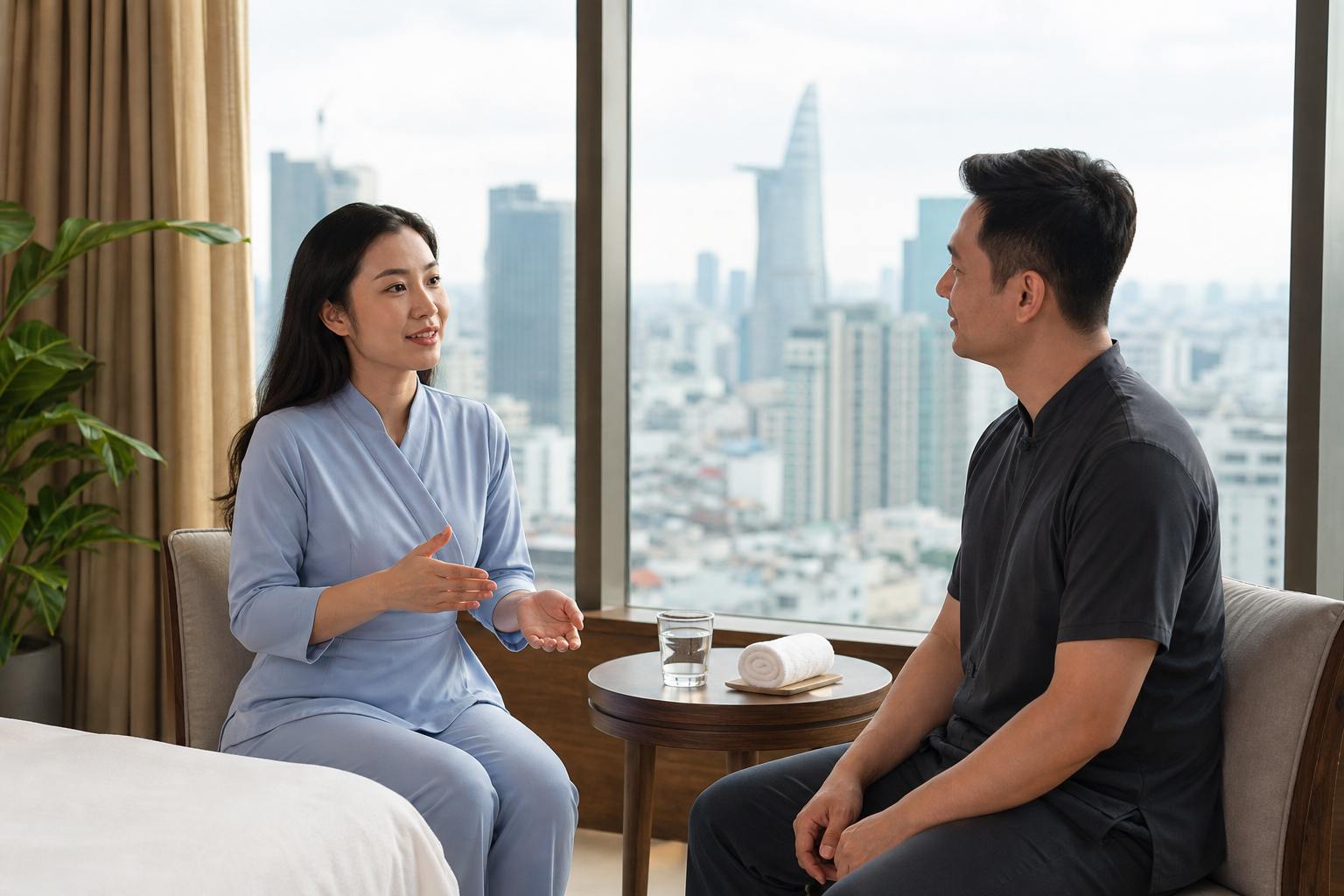 Aftercare discussion after a good massage in Ho Chi Minh City with water and a clean towel