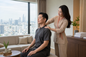 Asian female therapist with loose hair and a modest coral-beige spa uniform giving a professional shoulder and upper-back massage to a fully clothed male guest in a bright Ho Chi Minh City apartment