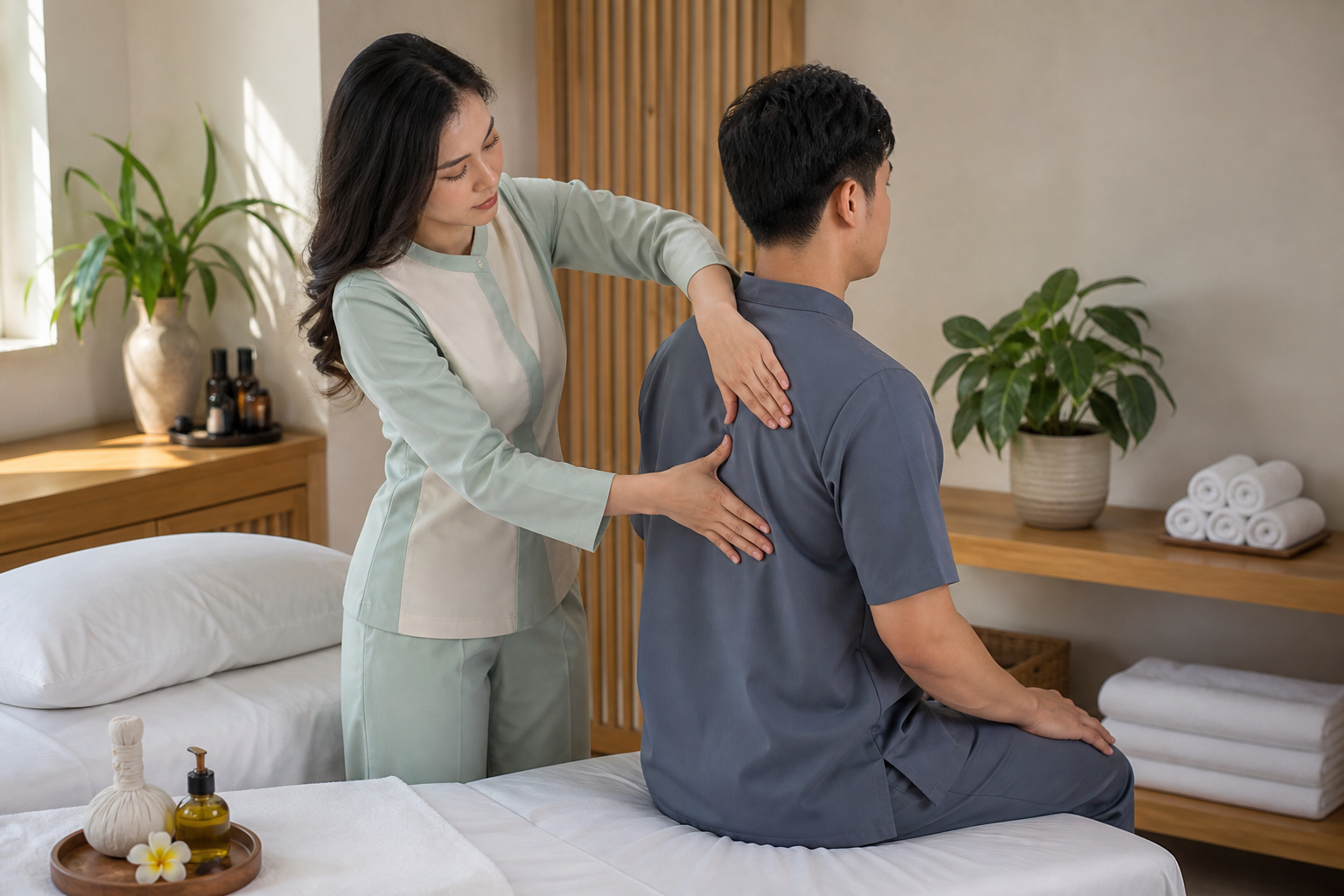 Good massage technique in Ho Chi Minh City with clear upper-back hand placement and professional posture
