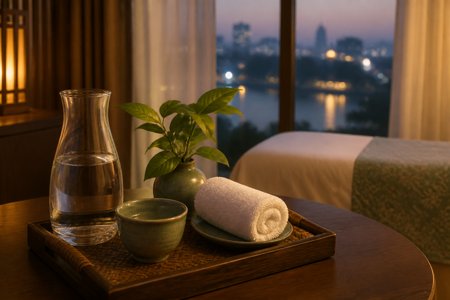 A glass of water, herbal tea and folded towel arranged for quiet Hanoi massage aftercare