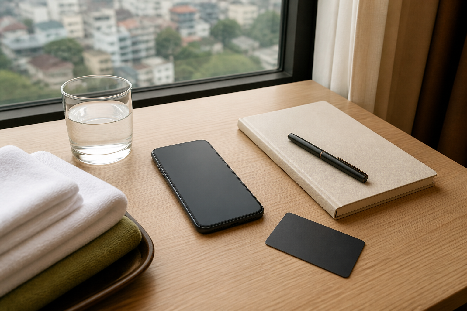 A smartphone, notebook and pen beside folded towels for confirming a Hanoi massage appointment