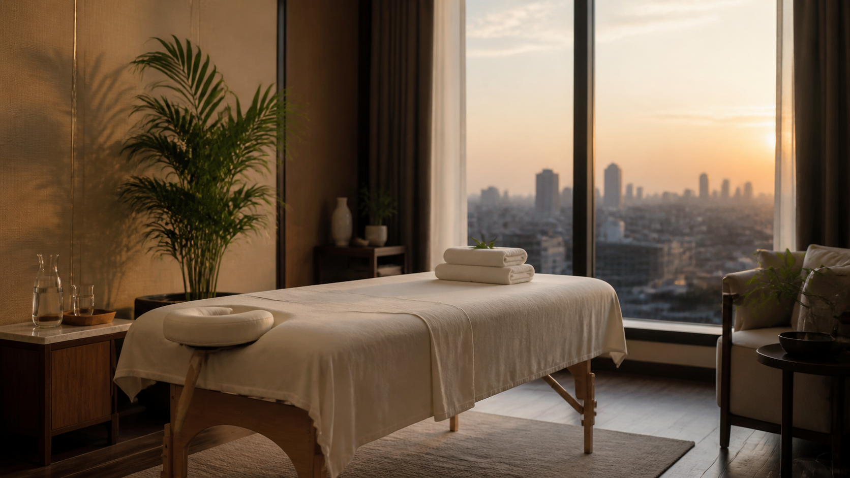 A calm Hanoi hotel room with a neatly prepared massage table and soft city light