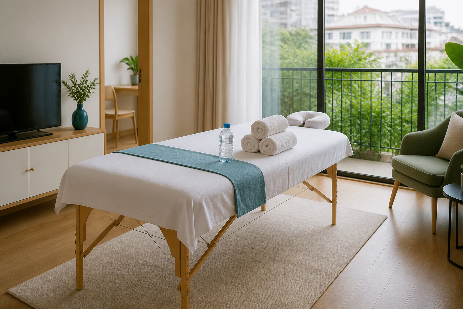 A tidy apartment-style room in Hanoi with a portable massage table, towels and a clear walkway