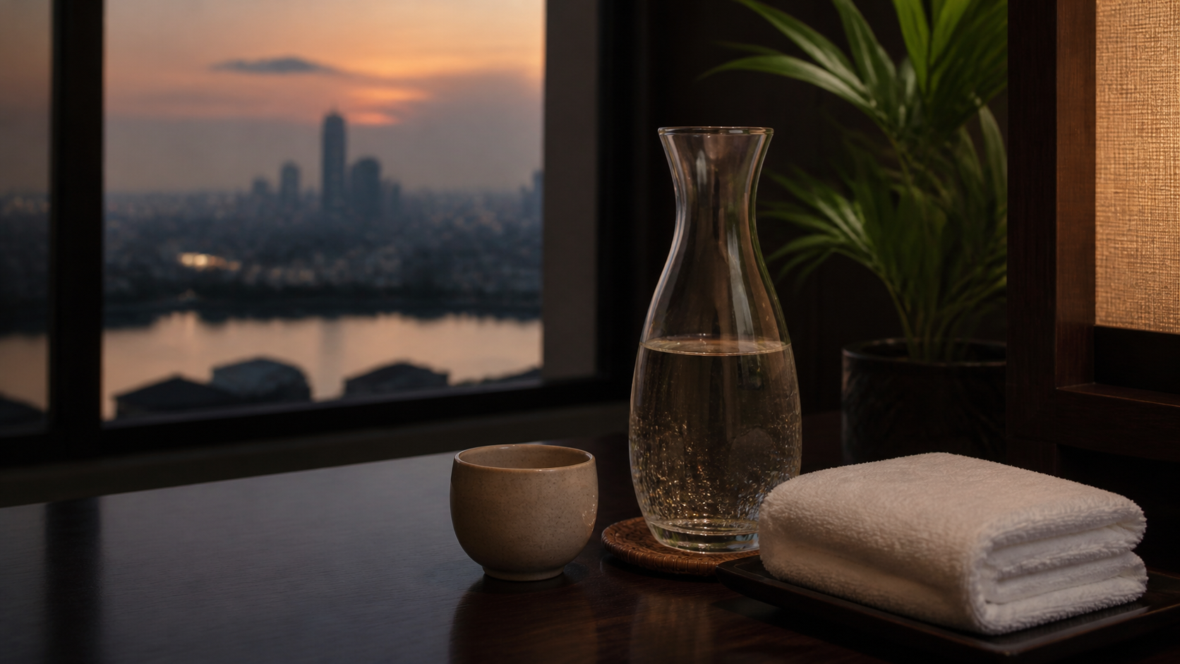 Water, tea and a folded towel beside a private Hanoi skyline at dusk