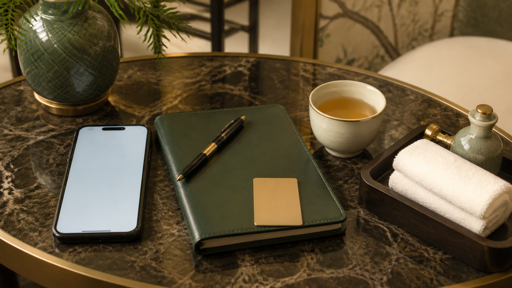 A premium concierge planning scene with a blank phone, notebook, tea and towel